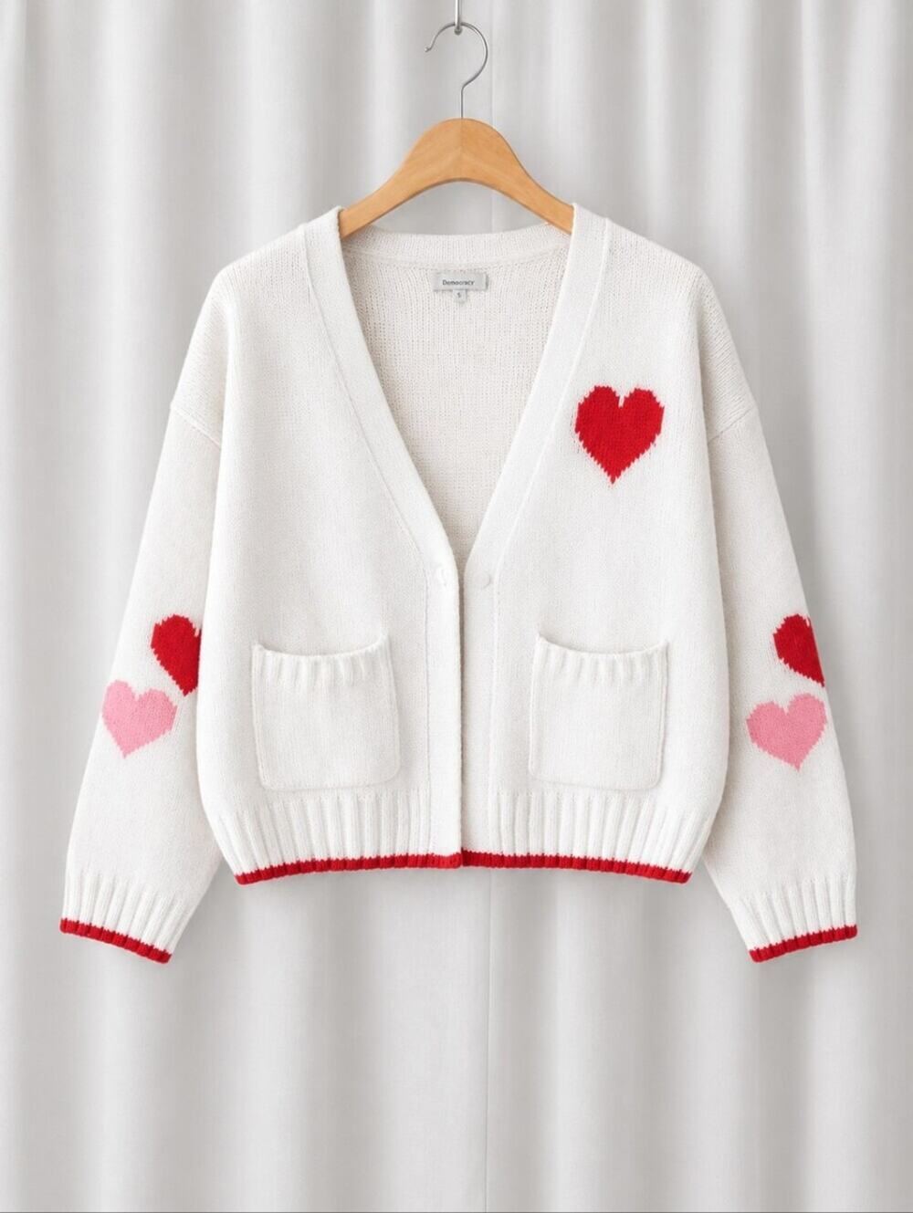 Francesca's White Soft Chunky Knit Red Pink Heart Print Open Front Sweater